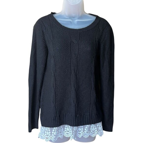 ABStudio Black Cableknit Crewneck Sweater Lace Trim Sz S Whimsigoth Twee - Picture 4 of 12